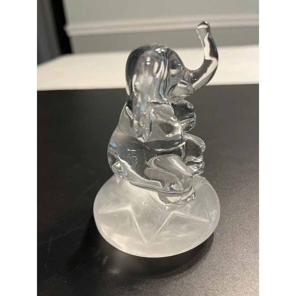 Crystal Glass Baby Elephant Trunk Up Sitting on a  Star Figurine Paperweight